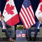 Canada Prime Minister Justin Trudeau meets with President Joe Biden at the Summit of the Americas, in Los Angeles, Thursday, June 9, 2022. (Sean Kilpatrick/The Canadian Press via AP)