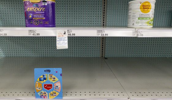 Baby formula is displayed on the shelves of a grocery store in Carmel, Ind. on May 10, 2022. A bill introduced early June, 2022, would require the Food and Drug Administration to inspect infant formula facilities every six months. U.S. regulators have historically inspected baby formula plants at least once a year, but they did not inspect any of the three biggest manufacturers in 2020. (AP Photo/Michael Conroy, File)