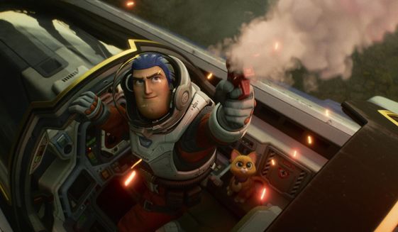 This image released by Disney/Pixar shows character Buzz Lightyear, voiced by Chris Evans, in a scene from the animated film &amp;quot;Lightyear,&amp;quot; releasing June 17. (Disney/Pixar via AP)
