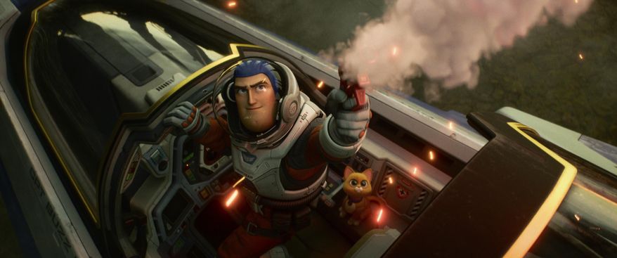 This image released by Disney/Pixar shows character Buzz Lightyear, voiced by Chris Evans, in a scene from the animated film &amp;quot;Lightyear,&amp;quot; releasing June 17. (Disney/Pixar via AP)