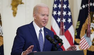President Joe Biden speaks during a bill signing ceremony, June 13, 2022, in the East Room of the White House in Washington. Biden will make his first trip to the Middle East next month with visits to Israel, the West Bank and Saudi Arabia. (AP Photo/Patrick Semansky, File)