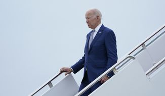 President Joe Biden walks down the steps of Air Force One at Andrews Air Force Base, Md., Tuesday, June 14, 2022. Biden was returning from Philadelphia where he spoke at the AFL-CIO convention and talked about how he is trying to make the economy work for working-class Americans. (AP Photo/Susan Walsh)