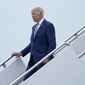 President Joe Biden walks down the steps of Air Force One at Andrews Air Force Base, Md., Tuesday, June 14, 2022. Biden was returning from Philadelphia where he spoke at the AFL-CIO convention and talked about how he is trying to make the economy work for working-class Americans. (AP Photo/Susan Walsh)