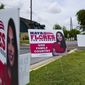 Signs for Republican congressional candidate Mayra Flores decorate the lawn outside a polling location Tuesday, June 14, 2022, for the Special Election for Congressional District 34 in Harlingen, Texas. (Denise Cathey/The Brownsville Herald via AP)