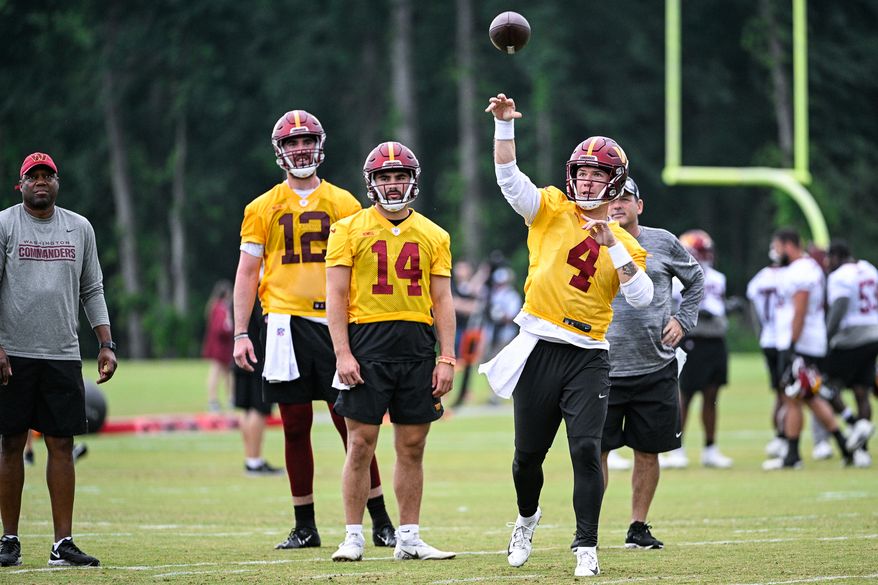 Washington Commanders Taylor Heinicke participates in minicamp at the team's Inova Sports and Performance Center, June 14, 2022. (Photo by Brian Murphy, All-Pro Reels)