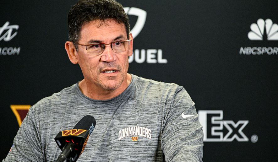 Washington Commanders Ron Rivera speaks with reporters prior to minicamp at the team&#x27;s Inova Sports and Performance Center, June 14, 2022. (Photo by Brian Murphy, All-Pro Reels)