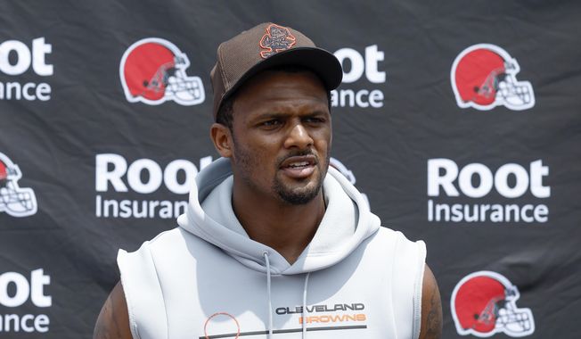 Cleveland Browns quarterback Deshaun Watson answers a question at the NFL football team&#x27;s practice facility Tuesday, June 14, 2022, in Berea, Ohio. (AP Photo/Ron Schwane) **FILE**