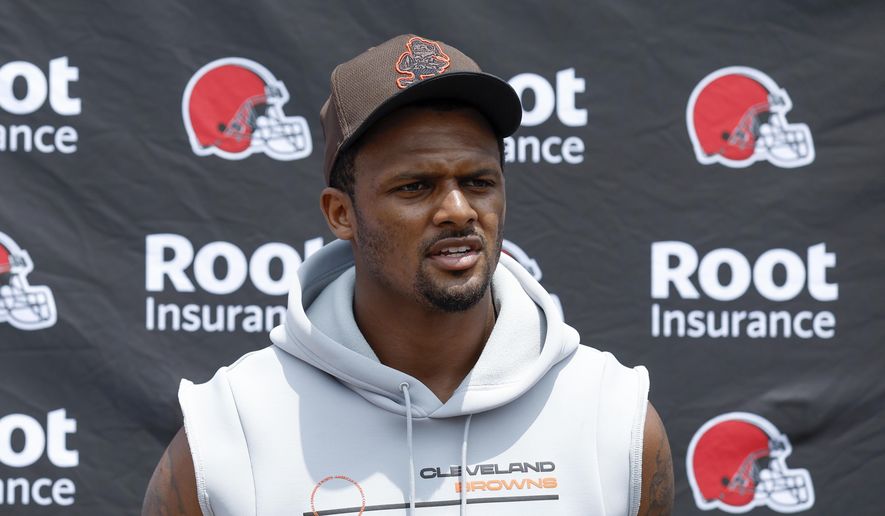 Cleveland Browns quarterback Deshaun Watson answers a question at the NFL football team&#39;s practice facility Tuesday, June 14, 2022, in Berea, Ohio. (AP Photo/Ron Schwane) **FILE**