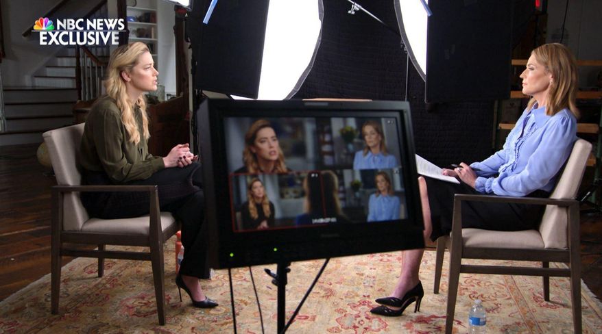 This image released by NBC News shows journalist Savannah Guthrie, right, during an exclusive interview with actor Amber Heard, airing Tuesday, June 14 and Wednesday, June 15 on NBC&#39;s &amp;quot;Today&amp;quot; show and Friday, June 17 on &amp;quot;Dateline NBC.&amp;quot; (NBC News via AP)