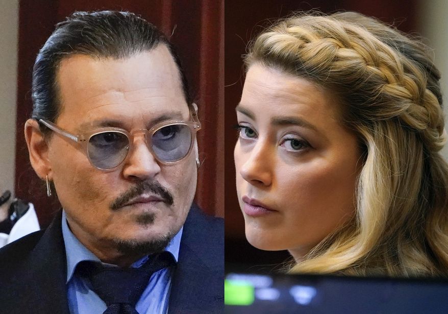 This combination of two separate photos shows actors Johnny Depp, left, and Amber Heard in the courtroom for closing arguments at the Fairfax County Circuit Courthouse in Fairfax, Va., on Friday, May 27, 2022. Heard says she doesn’t blame the jury that awarded Johnny Depp more than $10 million after a contentious six-week libel trial in her first post-verdict interview. She told Savannah Guthrie of “Today” in a clip aired Monday that she understood how the jury reached its conclusion and said Depp is a “beloved character and people feel they know him.” (AP Photos/Steve Helber, Pool)