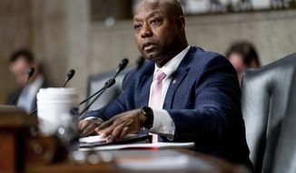 Sen. Tim Scott, R-S.C., speaks during a Senate Banking Committee hearing on Capitol Hill in Washington, Nov. 30, 2021.  Three women are competing for the Democratic nomination to take on Sen. Tim Scott, who said this will be his last term if he is reelected. Scott has no Republican opposition and has raised $44 million for his pursuit of a second full six-year term. (AP Photo/Andrew Harnik, File)