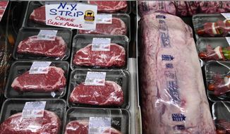 In this Tuesday, June 15, 2021, photograph, beef is displayed in the meat department at Lambert&#39;s Rainbow Market, in Westwood, Mass. (AP Photo/Charles Krupa, File)
