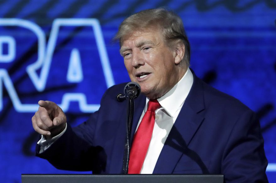 Former President Donald Trump speaks during the Leadership Forum at the National Rifle Association Annual Meeting, at the George R. Brown Convention Center, May 27, 2022, in Houston. (AP Photo/Michael Wyke) **FILE**