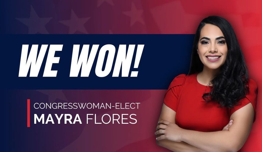 Texas Congresswoman-elect Mayra Flores is celebrating her victory in a special election in the 34th Congressional District Texas on Tuesday which broke the longtime hold of the Democratic Party on that seat. A Republican, in fact, has only secured a victory in the district once in the past four decades. (Image courtesy of Mayrafloresforcongress.com)