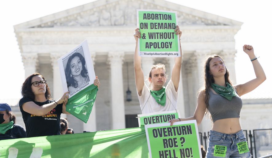 Beila Kraus, 15, far right, of Westchester, N.Y., and Ian Davey, 19, of Cleveland, Ohio, center, join protesters outside the Supreme Court in support of abortion rights, Wednesday, June 15, 2022, in Washington. (AP Photo/Jacquelyn Martin)