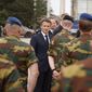 French President Emmanuel Macron meets Belgian NATO forces at the Mihail Kogalniceanu Air Base, near Constanta, Romania, Wednesday, June 15 2022. France has around 500 soldiers deployed in Romania and has been a key player in NATO&#39;s bolstering of forces on the alliance&#39;s eastern flank following Russia&#39;s invasion of Ukraine on Feb. 24. (Yoan Valat, Pool via AP)
