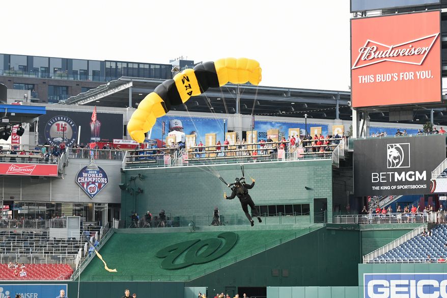 Army Paratroopers jumping into Nationals Park on U.S. Army day before the Washington Nationals game against the Philadelphia Phillies, June 16, 2022. (Photo by All-Pro Reels)