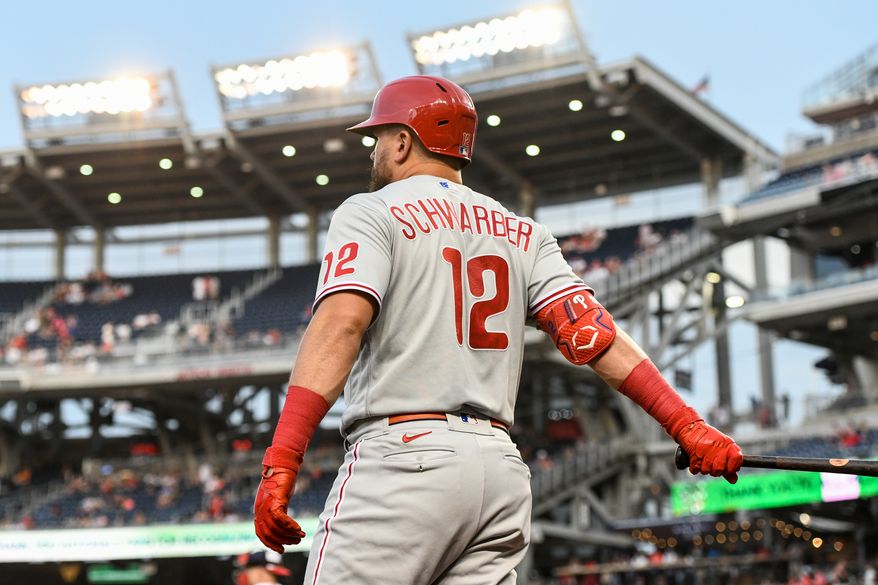 Philadelphia Phillies left fielder Kyle Schwarber (12) in the on deck circle in a game against the Washington Nationals at Nationals Park in Washington D.C., June 16, 2022. (Photo by All-Pro Reels)