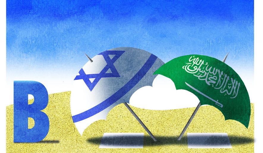Illustration on Biden's Middle East trip by Alexander Hunter/The Washington Times