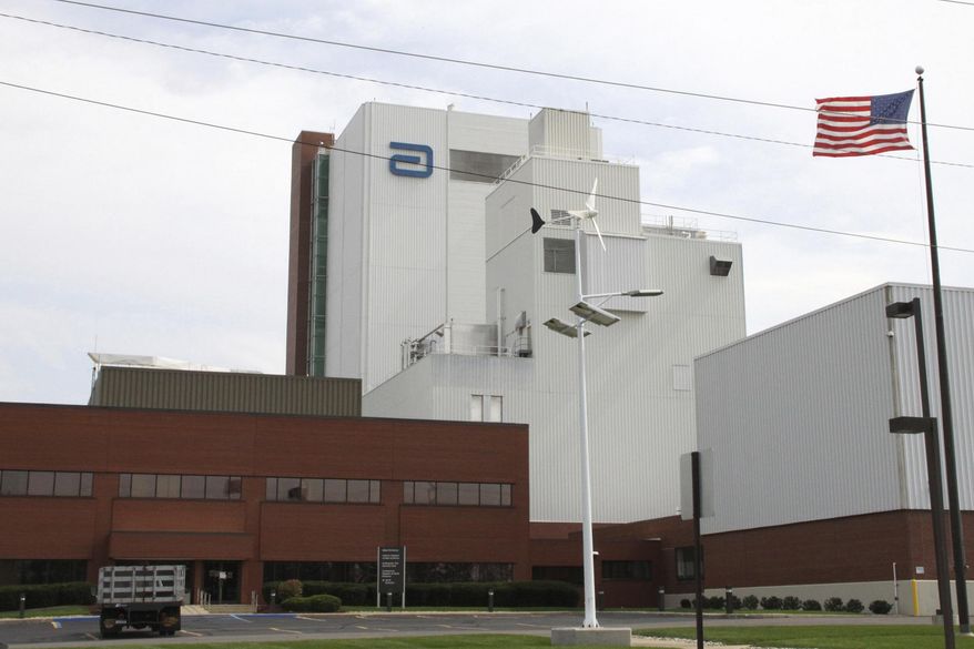 An Abbott Laboratories manufacturing plant is shown in Sturgis, Mich., on Sept. 23, 2010. Severe weather has forced Abbott Nutrition to pause production at a Michigan baby formula factory that had just restarted. The company said late Wednesday, June 15, 2022, that production for its EleCare specialty formula has stopped, but it has enough supply to meet needs until more formula can be made. (Brandon Watson/Sturgis Journal via AP)