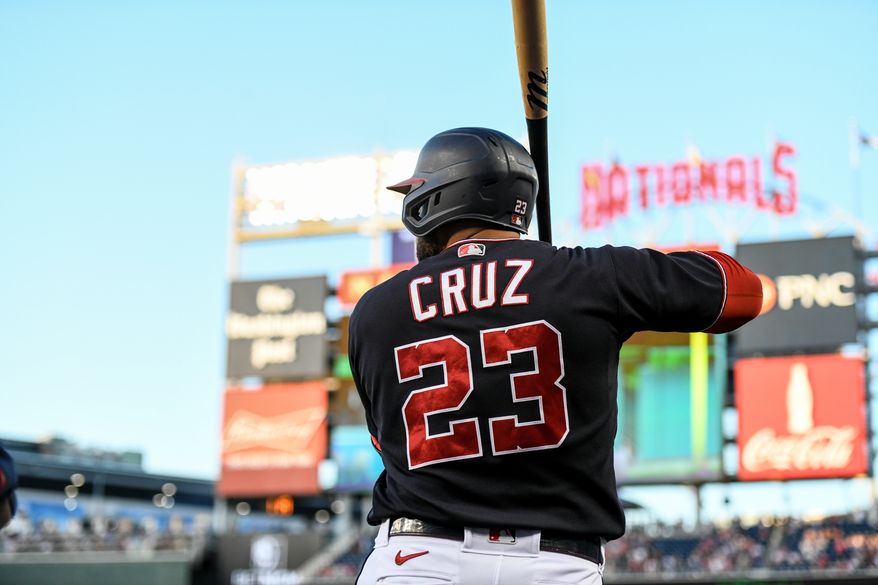 Washington Nationals designated hitter Nelson Cruz (23) in the on-deck circle during the 4th inning in a game against the Philadelphia Phillies at Nationals Park in Washington D.C., June 17, 2022. (Photo by All-Pro Reels)
