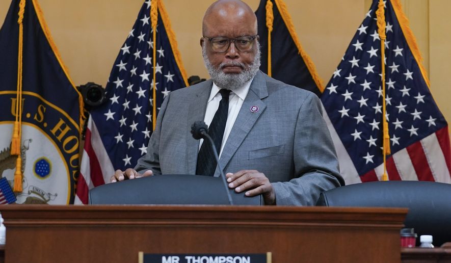 In this file photo, chairman Rep. Bennie Thompson, D-Miss., arrives as the House select committee investigating the Jan. 6 attack on the U.S. Capitol continues to reveal its findings of a year-long investigation, at the Capitol in Washington, Monday, June 13, 2022.  (AP Photo/Susan Walsh)  **FILE**