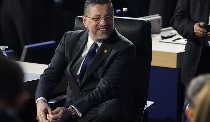 Costa Rica President Rodrigo Chaves Robles smiles during the opening plenary session at the Summit of the Americas June 9, 2022, in Los Angeles. Costa Rica has been reeling from unprecedented ransomware attacks disrupting everyday life in the Central American nation for the last two months. (AP Photo/Marcio Jose Sanchez, File)