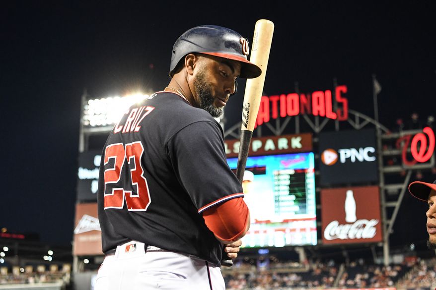 Washington Nationals designated hitter Nelson Cruz (23) in the on-deck circle during the 9th inning in a game against the Philadelphia Phillies at Nationals Park in Washington D.C., June 17, 2022. (Photo by All-Pro Reels)