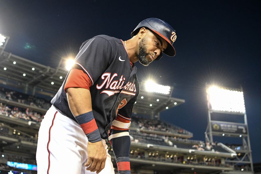 Washington Nationals designated hitter Nelson Cruz (23) in the on-deck circle during the 9th inning in a game against the Philadelphia Phillies at Nationals Park in Washington D.C., June 17, 2022. (Photo by All-Pro Reels)