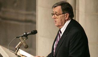 Mark Shields, a syndicated columnist and political analyst, speaks during a memorial service for the late U.S. Sen. William Proxmire, Saturday, April 1, 2006, at the National Cathedral in Washington. Shields, who shared his insight into American politics and wit on “PBS NewsHour” for decades, has died. He was 85. “PBS NewsHour” spokesman Nick Massella says Shields died Saturday, June 18, 2022, of kidney failure at his home in Chevy Chase, Md. (AP Photo/Haraz N. Ghanbari, File)
