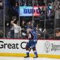Colorado Avalanche defenseman Cale Makar celebrates his goal against the Tampa Bay Lightning during the third period in Game 2 of the NHL hockey Stanley Cup Final, Saturday, June 18, 2022, in Denver. (AP Photo/John Locher)