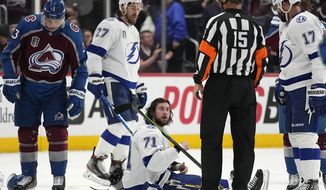 Tampa Bay Lightning center Anthony Cirelli (71) looks up after a fight during the third period in Game 2 of the team&#39;s NHL hockey Stanley Cup Final against the Colorado Avalanche, Saturday, June 18, 2022, in Denver. (AP Photo/John Locher) **FILE**