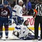 Tampa Bay Lightning center Anthony Cirelli (71) looks up after a fight during the third period in Game 2 of the team&#39;s NHL hockey Stanley Cup Final against the Colorado Avalanche, Saturday, June 18, 2022, in Denver. (AP Photo/John Locher) **FILE**