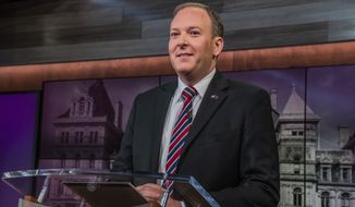 Lee Zeldin appears during New York&#39;s Republican gubernatorial debate at the studios of Spectrum News NY1 on Monday, June 20, 2022, in New York. (Brittainy Newman/Newsday via AP, Pool)