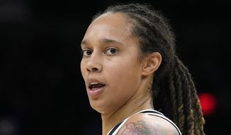 Phoenix Mercury center Brittney Griner is shown during the first half of Game 2 of basketball&#39;s WNBA Finals against the Chicago Sky, Oct. 13, 2021, in Phoenix.  Griner, a seven-time WNBA All-Star who plays for the Phoenix Mercury, was detained at a Russian airport on February 17 after authorities there said a search of her bag revealed vape cartridges containing cannabis oil.  Griner&#39;s wife, Cherelle Griner, has not heard the WNBA star&#39;s voice even once in the four months since her arrest in Moscow.  (AP Photo/Rick Scuteri, File) **FILE**