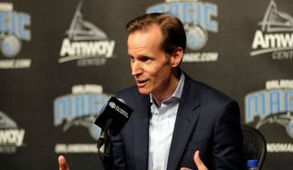 Jeff Weltman, Orlando Magic NBA basketball team president of basketball operations, answers questions at a news conference, Thursday, April 12, 2018, in Orlando, Fla. Jeff Weltman and the Orlando Magic have the No. 1 pick in Thursday&#39;s, June 23, 2022, NBA draft. (AP Photo/John Raoux, File) **FILE**