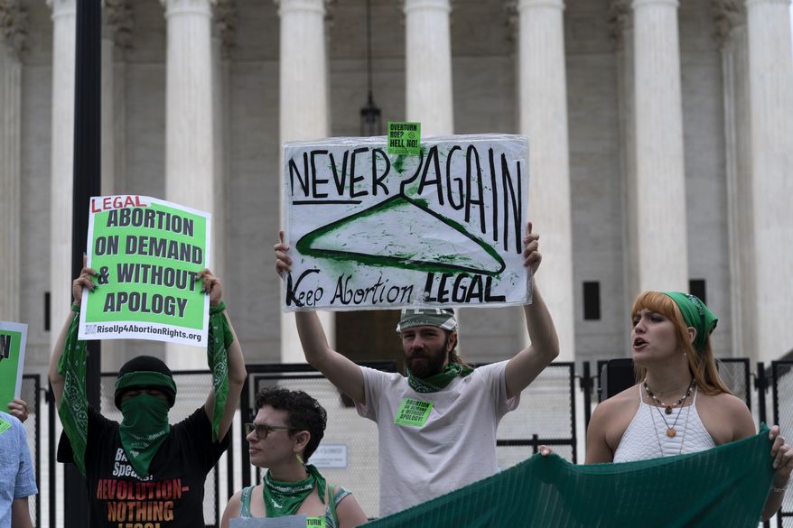 Abortion-rights activists protest outside of the U.S. Supreme Court on Capitol Hill in Washington, Tuesday, June 21, 2022. (AP Photo/Jose Luis Magana)