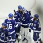 Tampa Bay Lightning goaltender Andrei Vasilevskiy, center, celebrates with teammates after Game 3 of the NHL hockey Stanley Cup Final against Colorado Avalanche on Monday, June 20, 2022, in Tampa, Fla. (AP Photo/Chris O&#x27;Meara) **FILE**