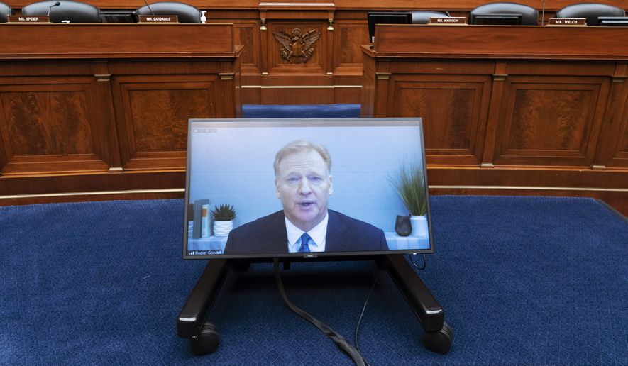 NFL Commissioner Roger Goodell testifies virtually, Wednesday, June 22, 2022, during a Hous​e Oversight Committee hearing on the Washington Commanders&#x27; workplace conduct, on Capitol Hill in Washington. Team owner Dan Snyder did not attend the hearing. (AP Photo/Jacquelyn Martin)