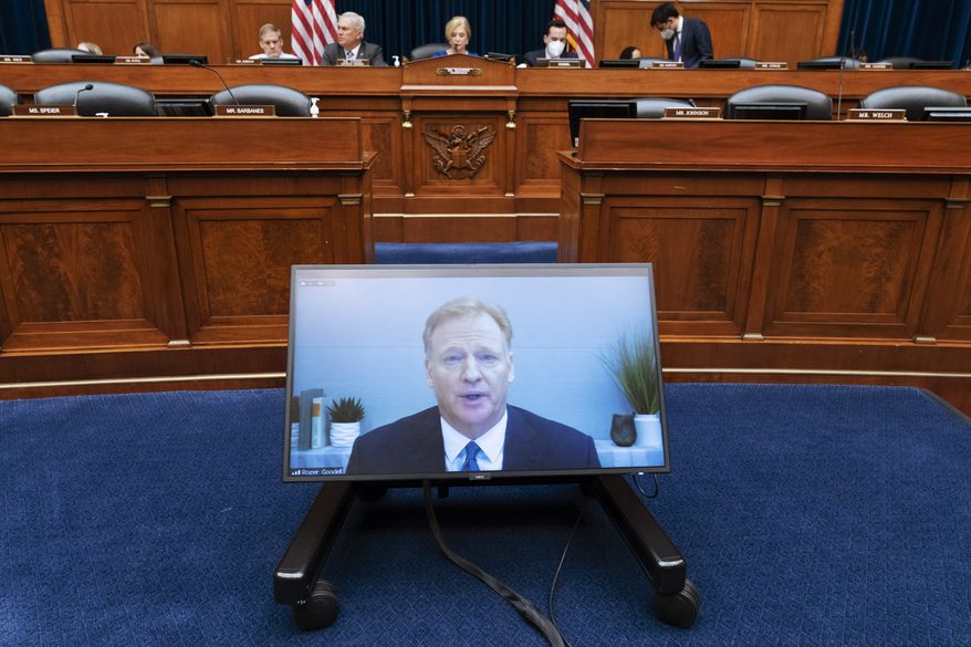 NFL Commissioner Roger Goodell testifies virtually, Wednesday, June 22, 2022, during a Hous​e Oversight Committee hearing on the Washington Commanders&#39; workplace conduct, on Capitol Hill in Washington. Team owner Dan Snyder did not attend the hearing. (AP Photo/Jacquelyn Martin)