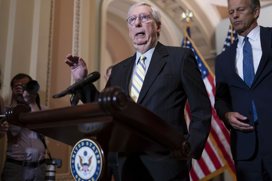Senate Minority Leader Mitch McConnell, R-Ky., speaks with reporters following a closed-door caucus lunch, at the Capitol in Washington, Wednesday, June 22, 2022. (AP Photo/J. Scott Applewhite)