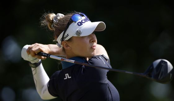 Nelly Korda watches her tee shot on the 10th hole during the final round of the Meijer LPGA Classic golf tournament, Sunday, June 19, 2022, in Belmont, Mich. (AP Photo/Al Goldis) **FILE**
