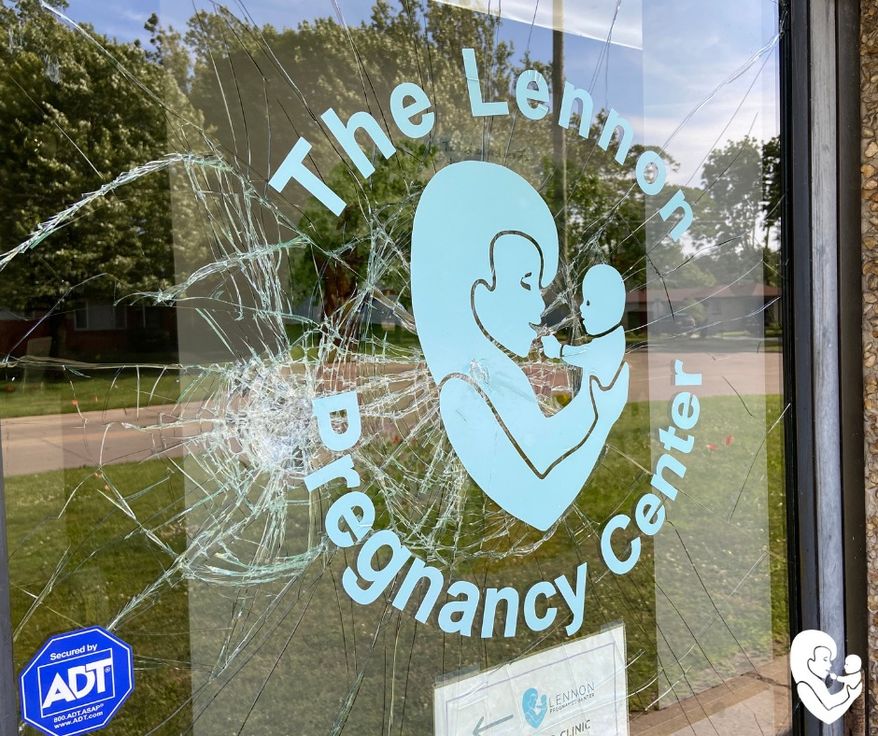 The pro-life Lennon Pregnancy Center in Dearborn Heights, Michigan, was found vandalized with smashed windows and pro-choice graffiti on June 20, 2022. Photo courtesy of the Lennon Pregnancy Center.