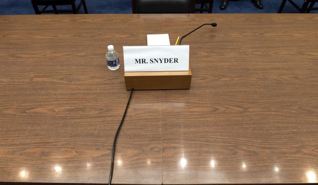 A placard for Dan Snyder, owner of the Washington Commanders football team, is seen, Wednesday, June 22, 2022, during a Hous​e Oversight Committee hearing on the Washington Commanders&#x27; workplace conduct, on Capitol Hill in Washington. Snyder did not attend the hearing virtually or otherwise. (AP Photo/Jacquelyn Martin)