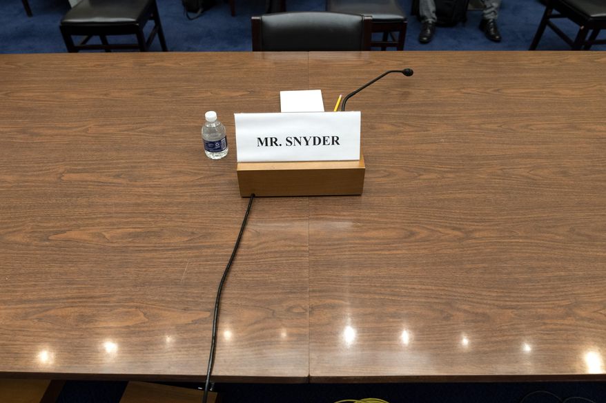 A placard for Dan Snyder, owner of the Washington Commanders football team, is seen, Wednesday, June 22, 2022, during a Hous​e Oversight Committee hearing on the Washington Commanders&#39; workplace conduct, on Capitol Hill in Washington. Snyder did not attend the hearing virtually or otherwise. (AP Photo/Jacquelyn Martin)