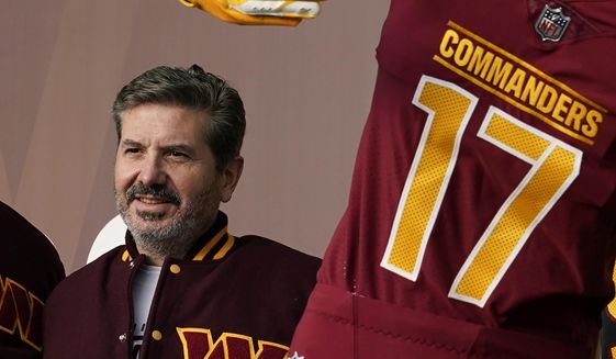 Dan Snyder, co-owner and co-CEO of the Washington Commanders, poses for photos during an event to unveil the NFL football team&#39;s new identity, Wednesday, Feb. 2, 2022, in Landover, Md. A woman accused Washington Commanders owner Dan Snyder of sexually harassing and assaulting her on a team plane in 2009, and the woman was later paid $1.6 million by the team to settle her claims, according to a document obtained by the Washington Post, Tuesday, June 21, 2022. (AP Photo/Patrick Semansky, File) **FILE**