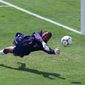 United States&#39; goal keeper Briana Scurry (1) blocks a penalty shootout kick by China&#39;s Ying Liu during overtime of the Women&#39;s World Cup Final at the Rose Bowl in Pasadena, Calif., July 10, 1999. Scurry, 50, has a World Cup title, two Olympic gold medals and was the first Black woman to be inducted in the National Soccer Hall of Fame. (AP Photo/Eric Risberg, File)