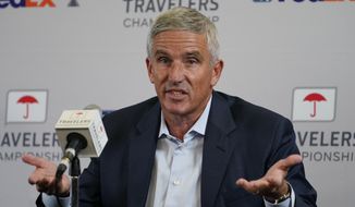 PGA Tour Commissioner Jay Monahan speaks during a news conference before the start of the Travelers Championship golf tournament at TPC River Highlands, Wednesday, June 22, 2022, in Cromwell, Conn. (AP Photo/Seth Wenig)