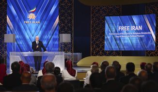 Former U.S. Vice President Mike Pence speaks at the Iranian opposition headquarters in Albania, where up to 3,000 MEK members reside at Ashraf-3 camp in Manza town, about 30 kilometers (16 miles) west of Tirana, Albania, Thursday, June 23, 2022. (AP Photo/Franc Zhurda)