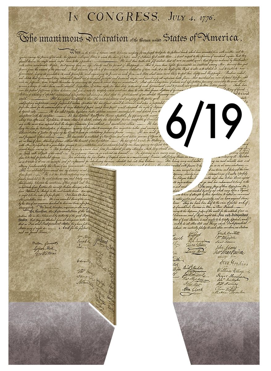 Illustration on the foundations for Juneteenth and the Constitution by Alexander Hunter/The Washington Times